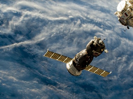 The Soyuz MS-23 crew ship approaches the space station after undocking and moving earlier from the Poisk module.