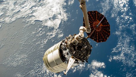 The Cygnus space freighter is poised for release from the Canadarm2 robotic arm - Go to website NASA images