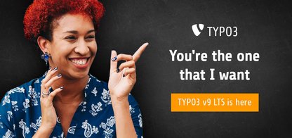 A woman with red hair pointing to the side. TYPO3 You are the one that I want. More details in the text below.